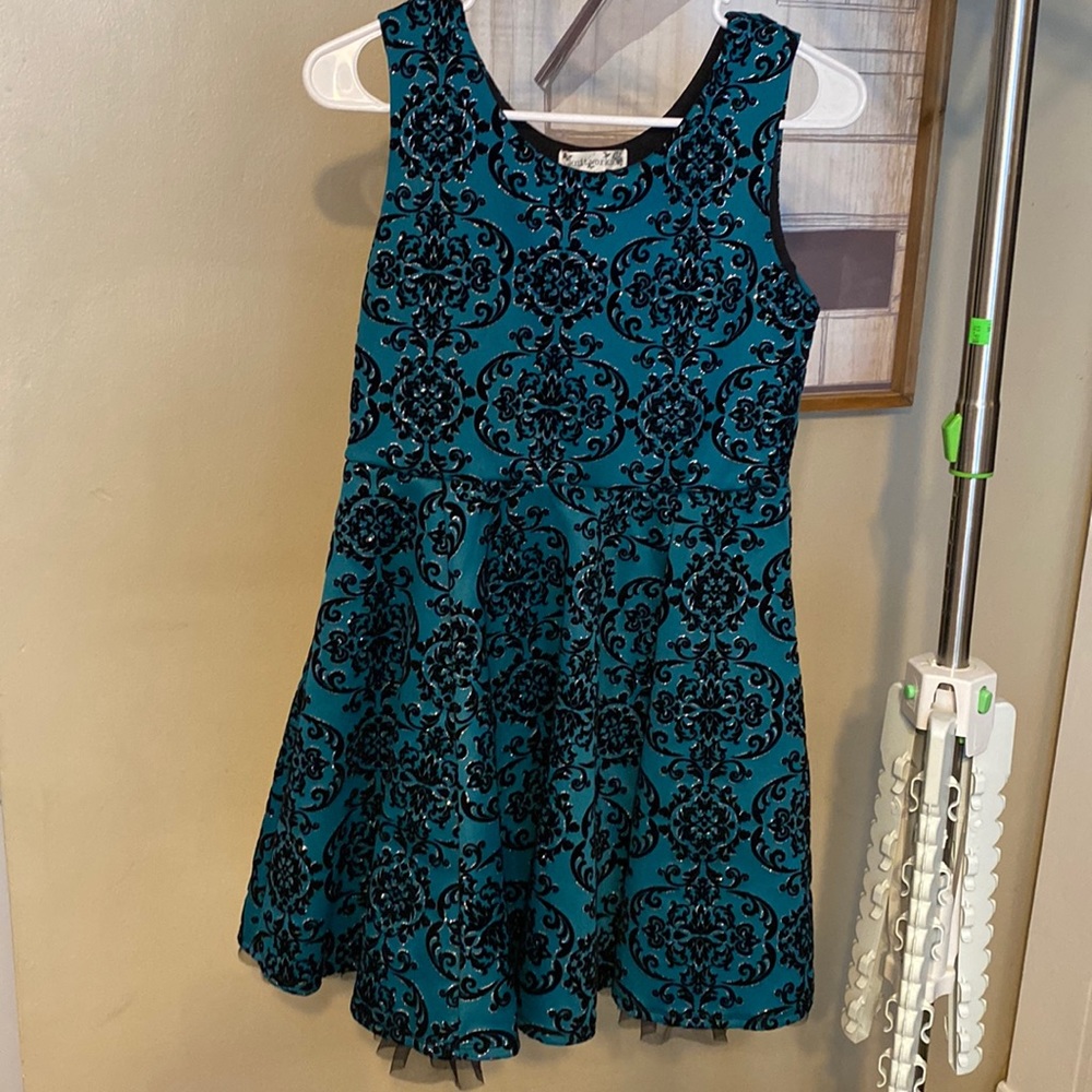Girls Knitworks Party dress. Black, Teal and Silver.